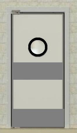Маятниковая дверь одностворчатая МДО(ОН)-1000.2200-40, рама в обхват, окно круглое р., отбойники