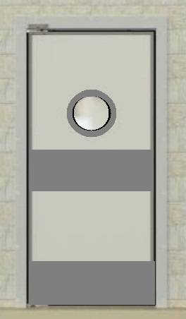 Маятниковая дверь одностворчатая МДО(ОН)-1000.2200-40, рама в обхват, окно круглое н.с., отбойники
