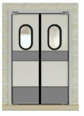 Маятниковая дверь двухстворчатая МДД(ОН)-1500.2300-40 (RAL шагрень), рама угловая, окна, отбойники