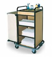 Тележка для горничных ТГ11 ОЛДАК 4 полки, верхняя с бортом, 3 стенки МДФ, мешок 110л Тележка для горничных ТГ11 ОЛДАК 4 полки, верхняя с бортом, 3 стенки МДФ, мешок 110л