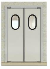 Маятниковая дверь двухстворчатая МДД(ОН)-1800.2500-40, рама в обхват, окна,отбойники Маятниковая дверь двухстворчатая МДД(ОН)-1800.2500-40, рама в обхват, окна,отбойники