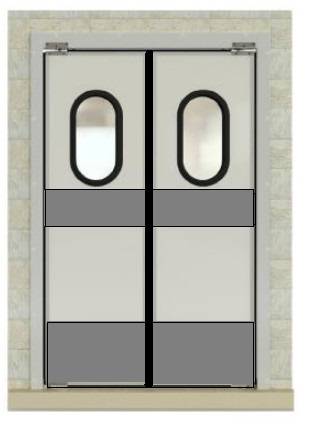 Маятниковая дверь двухстворчатая МДД(ОН)-1580.2070 RAL шагрень, рама в обхват, окна, отбойники